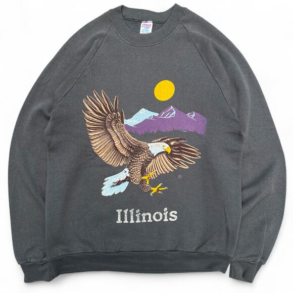 Vintage 80s Flying Bald Eagle Illinois Jerzees Crewneck Sweatshirt Grey Nature - Picture 1 of 6